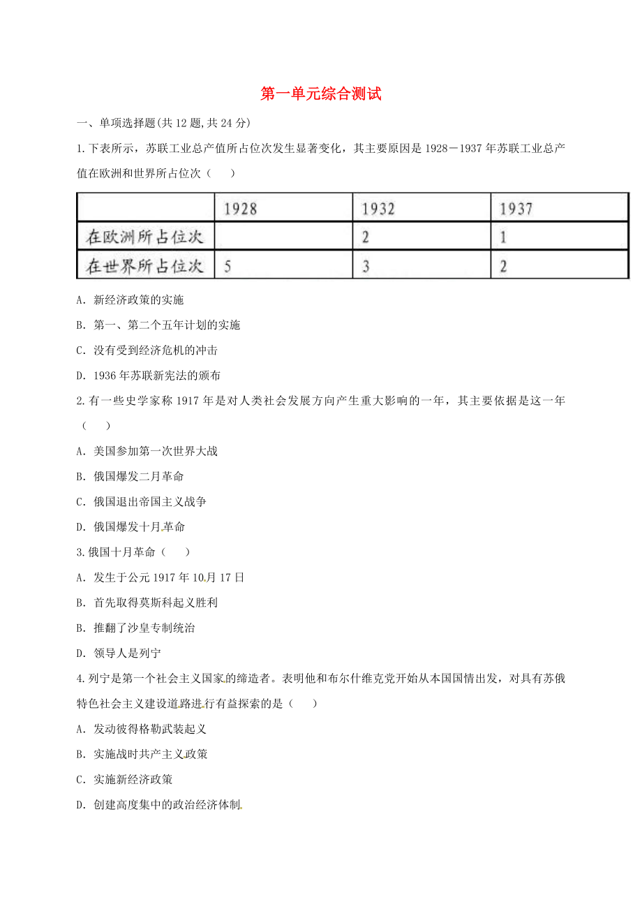 河南省商丘市永城市龍崗鎮(zhèn)九年級歷史下冊 第一單元 蘇聯(lián)社會(huì)主義道路的探索綜合測試（無答案） 新人教版（通用）_第1頁