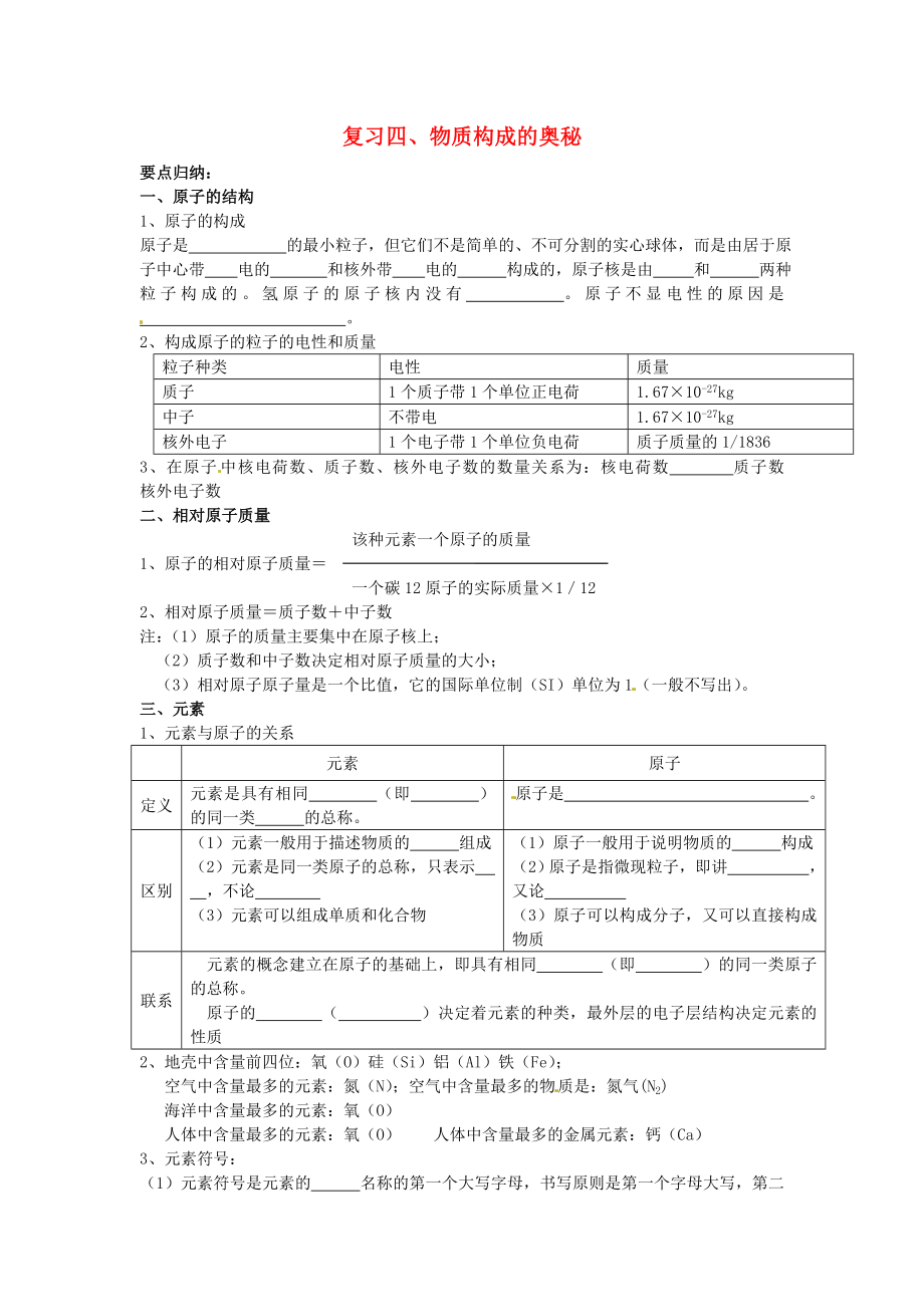 湖北省襄陽(yáng)市第四十七中學(xué)2020屆中考化學(xué)單元復(fù)習(xí) 九年級(jí)上冊(cè) 第四單元 物質(zhì)構(gòu)成的奧秘（無(wú)答案） 人教新課標(biāo)版_第1頁(yè)