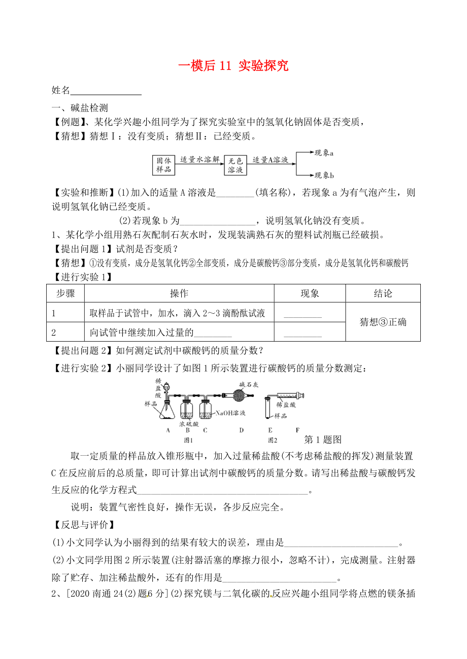 江蘇省溧水縣孔鎮(zhèn)中學(xué)2020屆中考化學(xué) 一模后專題練習(xí)11 科學(xué)探究（無答案）_第1頁