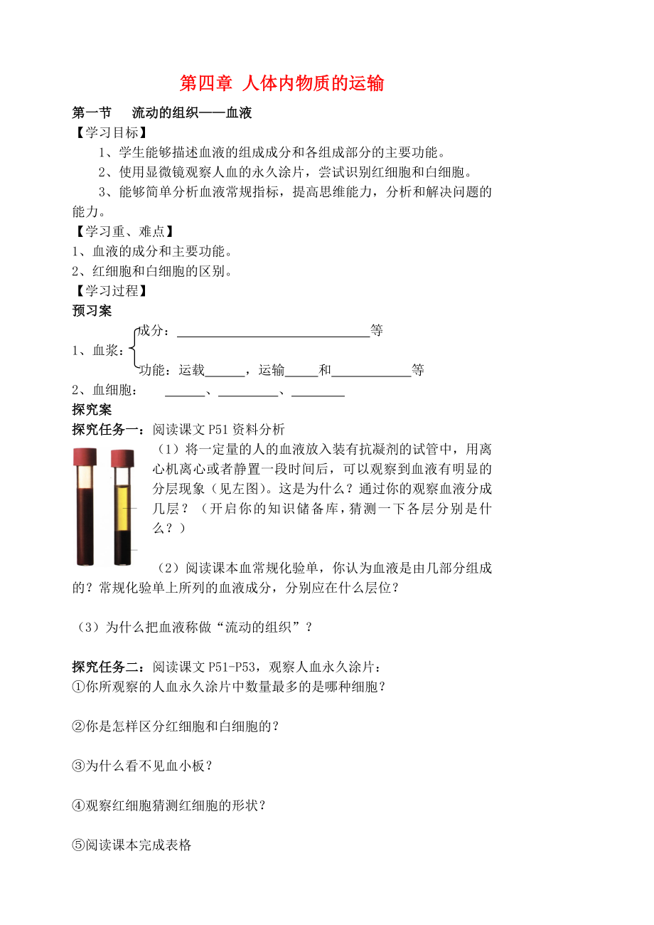 山東省新泰市汶城中學(xué)七年級(jí)生物下冊(cè) 第四章 人體內(nèi)物質(zhì)的運(yùn)輸導(dǎo)學(xué)案（無答案） 新人教版_第1頁