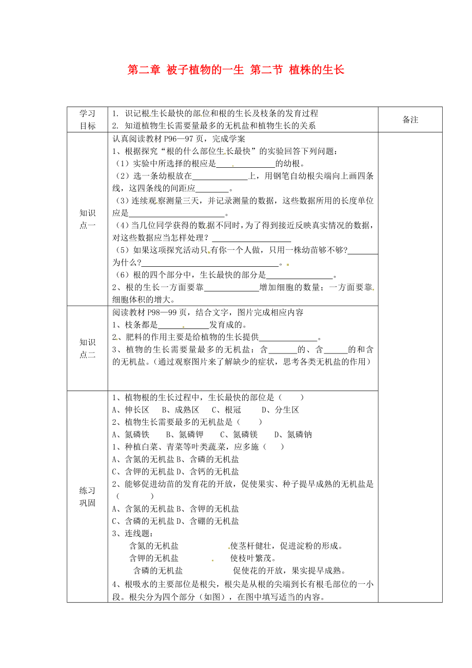 海南省海口市第十四中學(xué)七年級(jí)生物上冊(cè) 第二章 被子植物的一生 第二節(jié) 植株的生長(zhǎng)導(dǎo)學(xué)案（無(wú)答案） 新人教版（通用）_第1頁(yè)