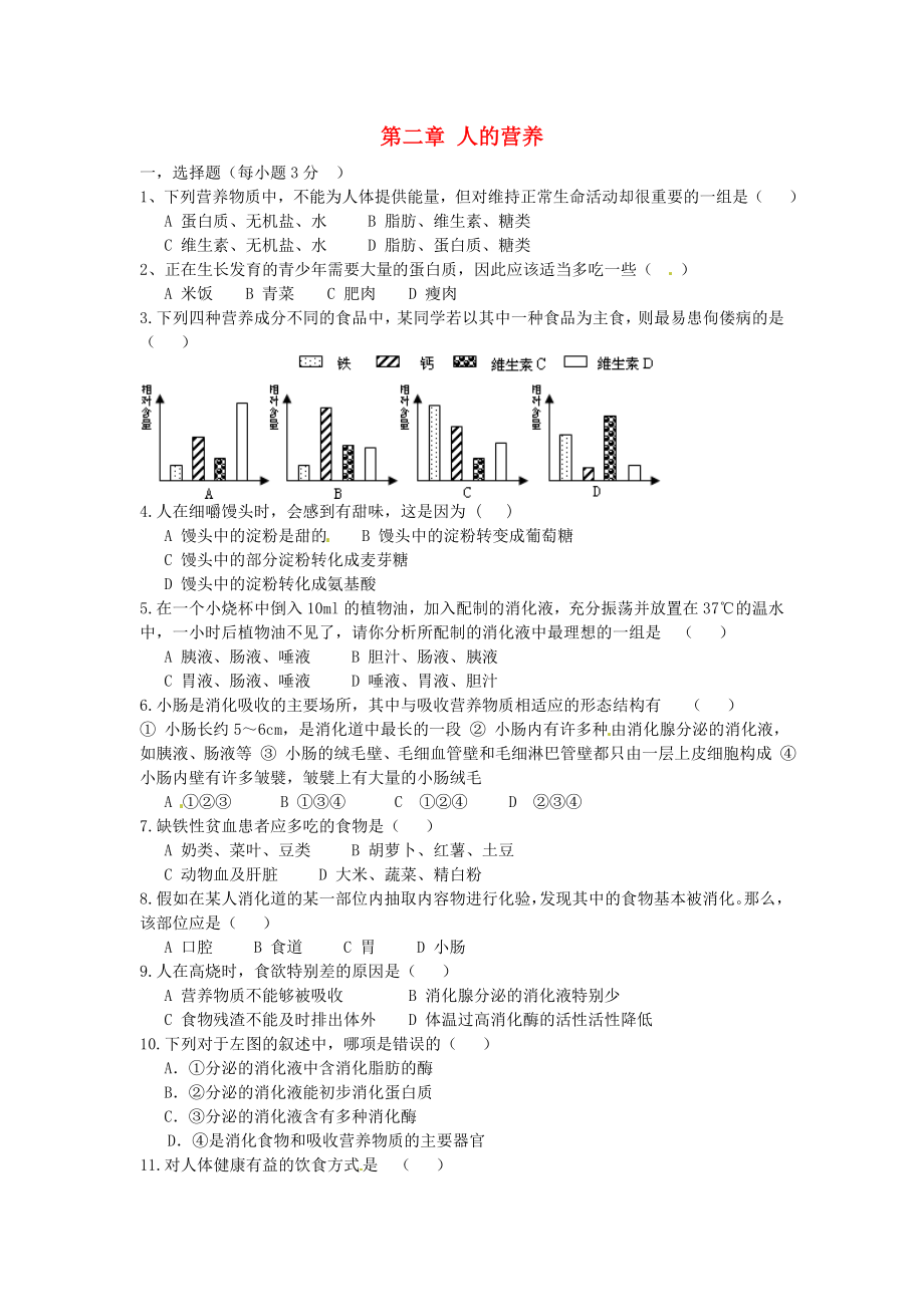 江西省金溪縣第二中學(xué)七年級生物下冊 第二章 人體的營養(yǎng)單元綜合測試（無答案） 新人教版_第1頁