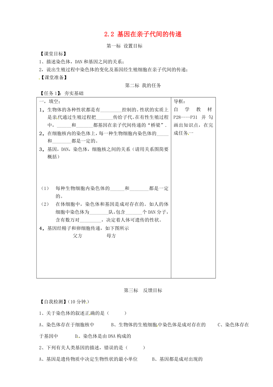 云南省昆明市西山區(qū)團(tuán)結(jié)民族中學(xué)八年級生物下冊 2.2 基因在親子代間的傳遞學(xué)案（無答案） 新人教版_第1頁