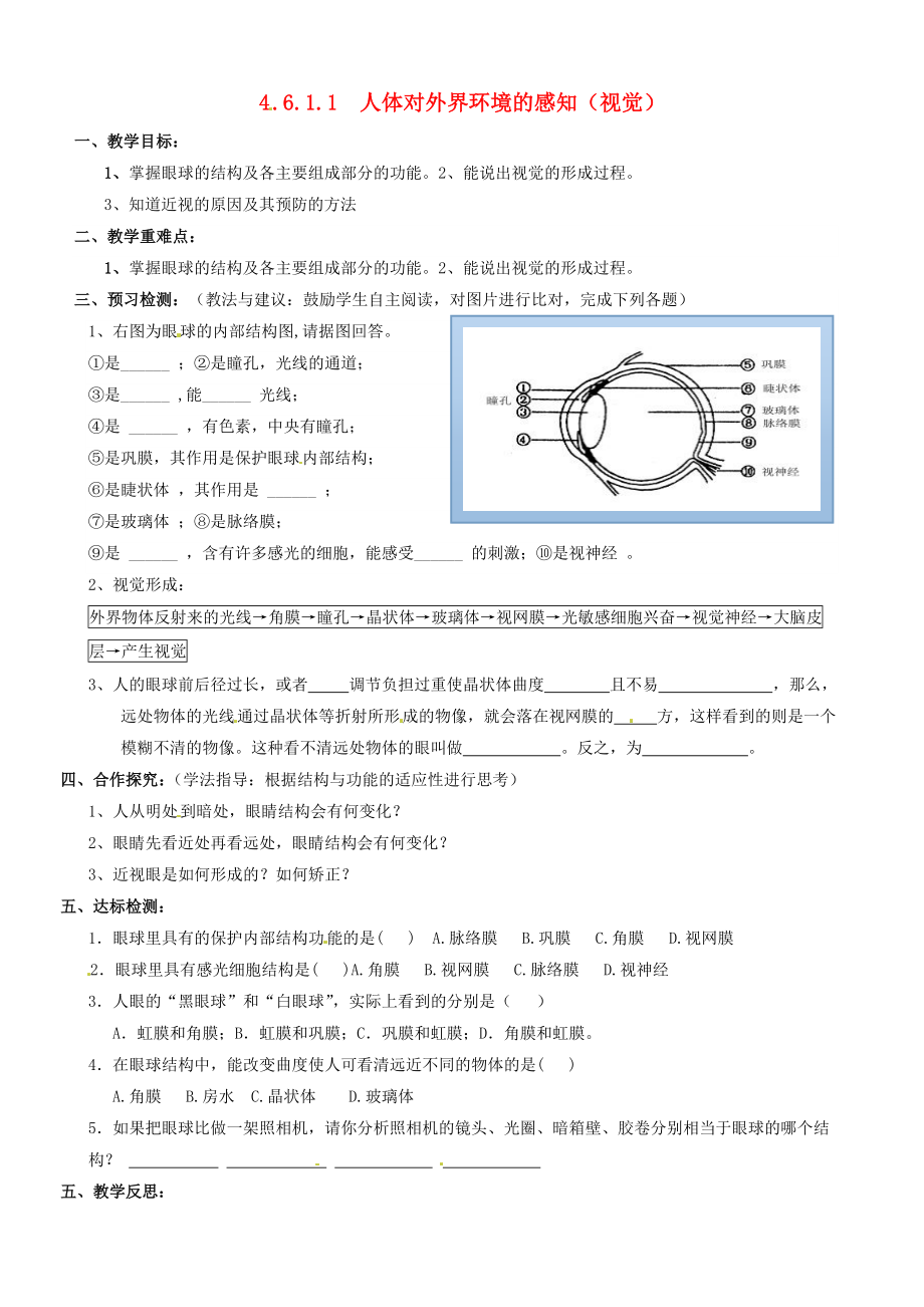 湖北省鄂州市澤林鎮(zhèn)澤林中學(xué)七年級(jí)生物下冊(cè) 4.6.1 人體對(duì)外界環(huán)境的感知（視覺(jué)）導(dǎo)學(xué)案（無(wú)答案） 新人教版_第1頁(yè)