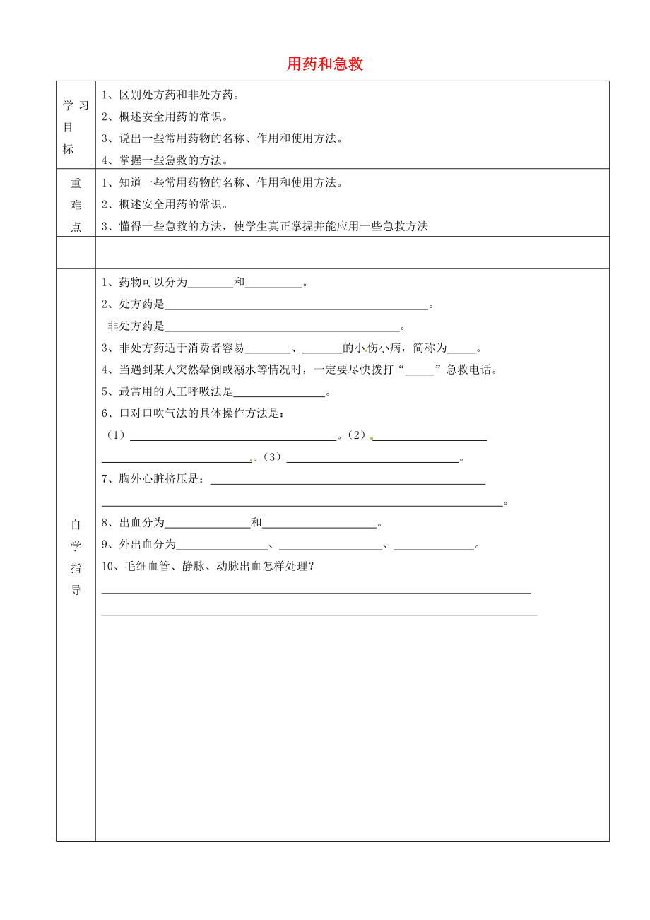 內(nèi)蒙古阿魯科爾沁旗天山第六中學(xué)八年級生物下冊 第八單元 第二章 用藥和急救導(dǎo)學(xué)案（無答案） 新人教版_第1頁