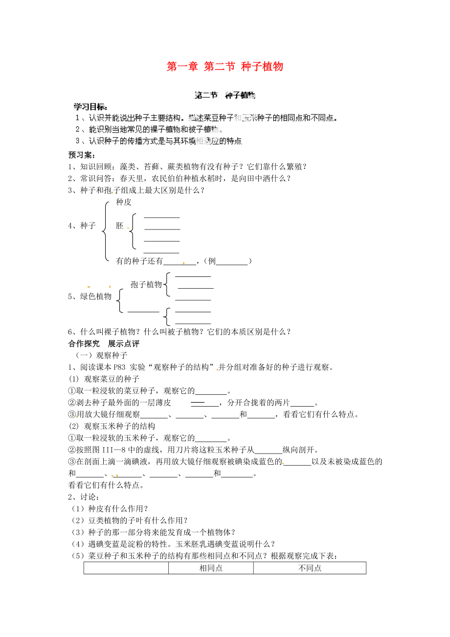 山東省肥城市王莊鎮(zhèn)初級中學七年級生物上冊 第一章 第二節(jié) 種子植物導學案（無答案） 新人教版_第1頁