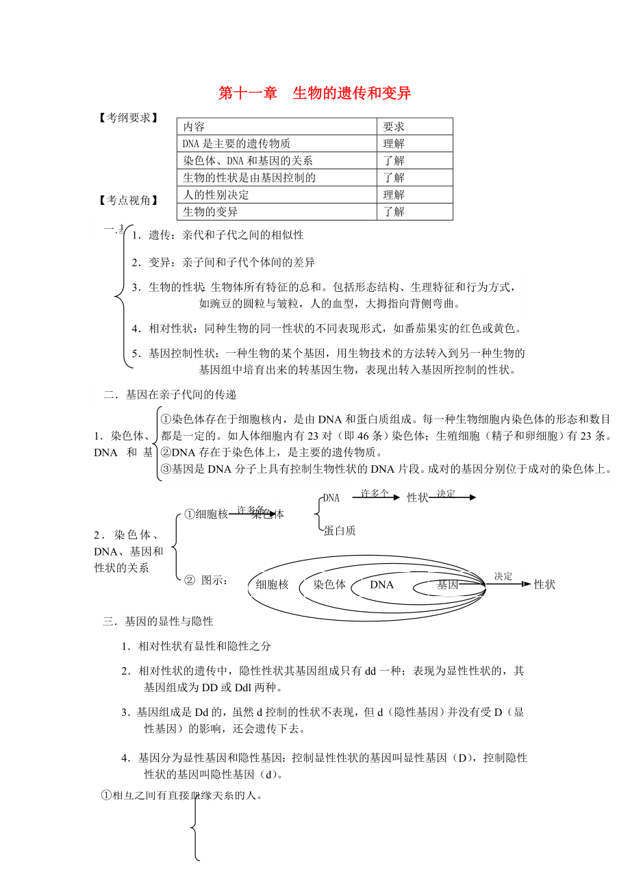 中考生物 第十一章《遺傳和變異》復習導學案（無答案） 北京版_第1頁