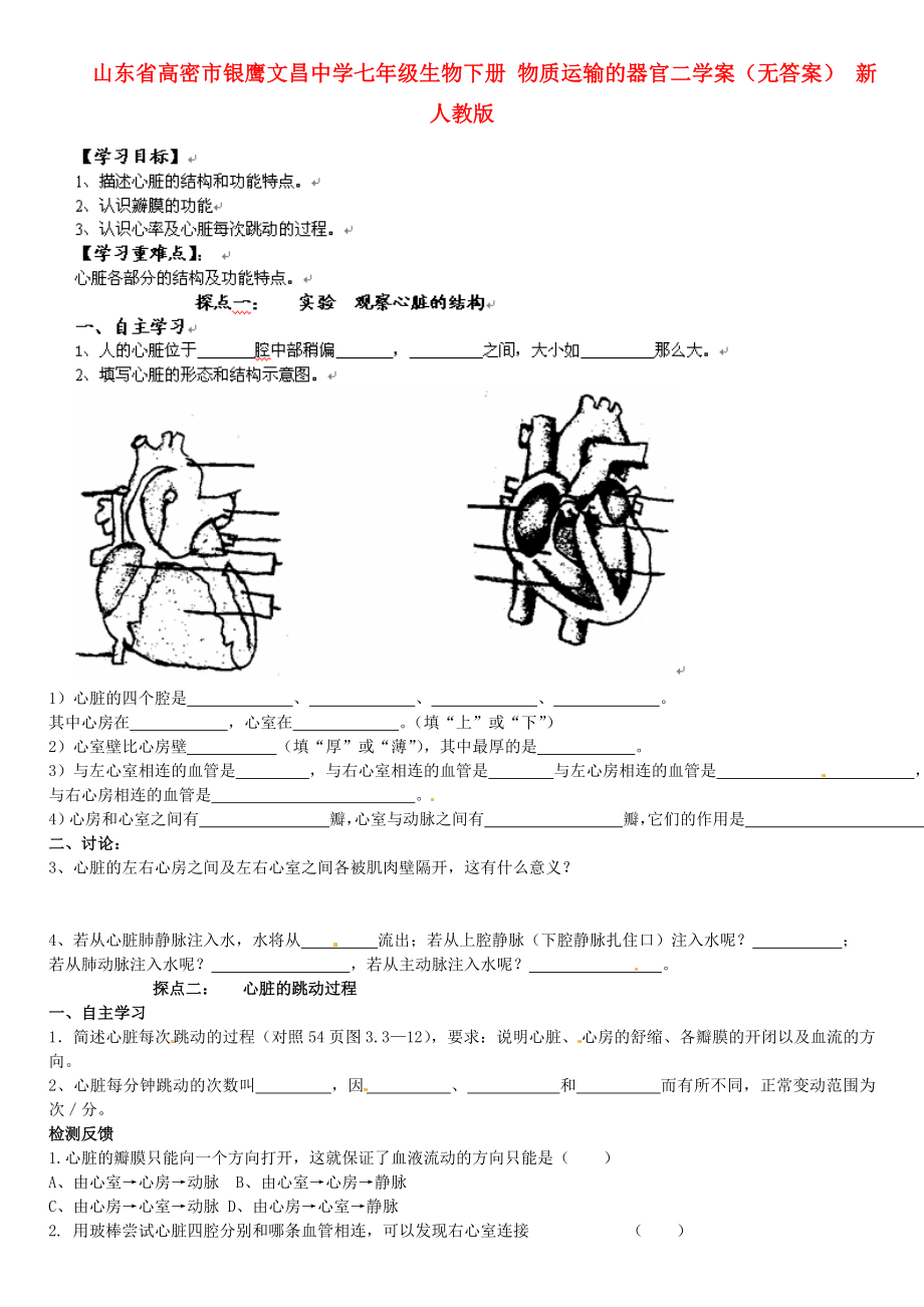 山東省高密市銀鷹文昌中學(xué)七年級生物下冊 物質(zhì)運輸?shù)钠鞴俣W(xué)案（無答案） 新人教版_第1頁