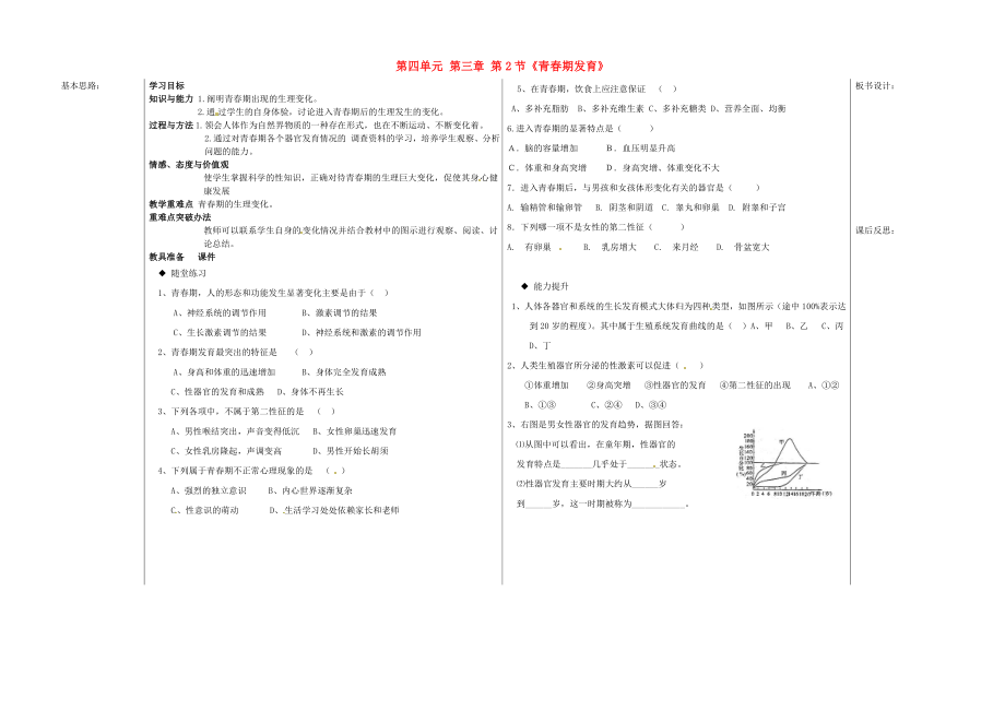 山東省德州市夏津?qū)嶒炛袑W八年級生物上冊 第四單元 第三章 第2節(jié)《青春期發(fā)育》教學案（1）（無答案） 濟南版_第1頁