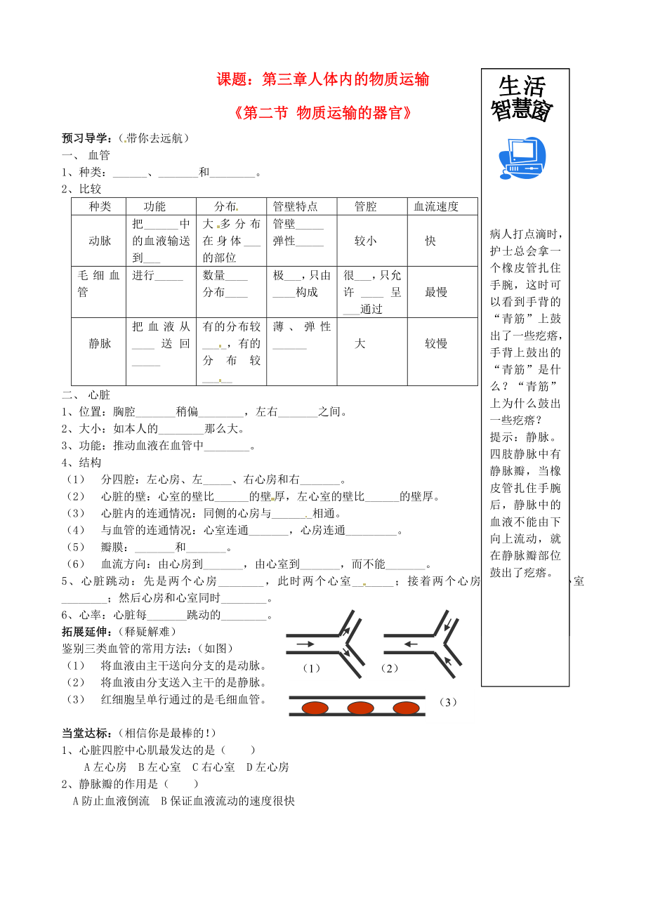 山東省德州市夏津?qū)嶒炛袑W(xué)七年級生物下冊《第二節(jié) 物質(zhì)運輸?shù)钠鞴佟穼W(xué)案（無答案） 新人教版_第1頁