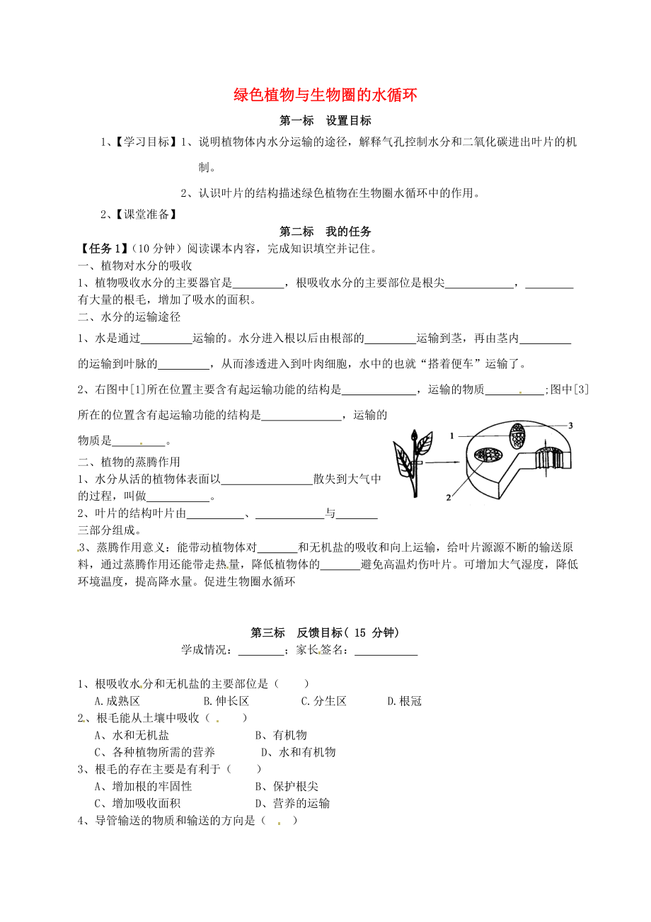 云南省昆明市西山區(qū)團結(jié)民族中學(xué)七年級生物上冊 第3單元 第3章 綠色植物與生物圈的水循環(huán)學(xué)案（無答案）（新版）新人教版_第1頁