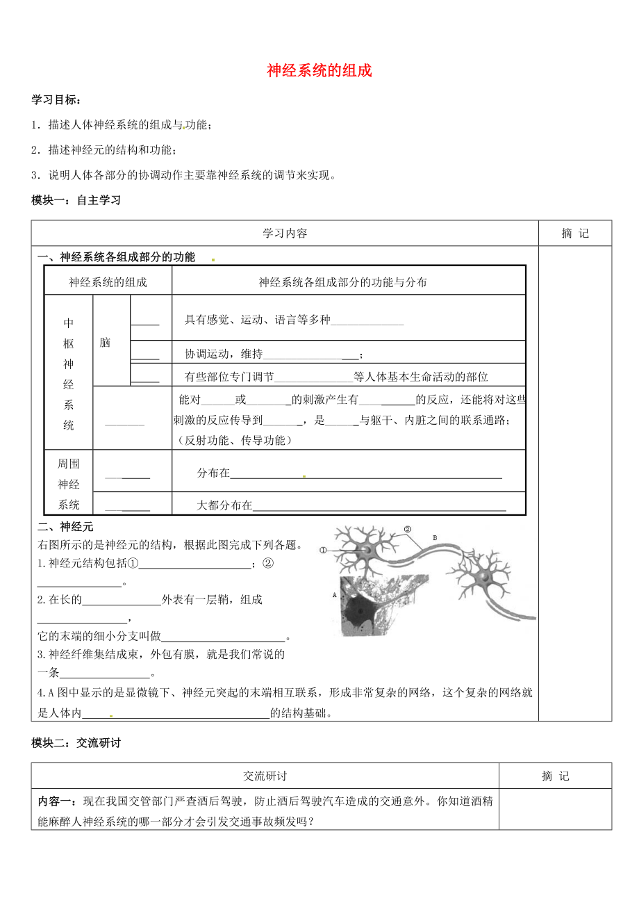 廣東省河源中國(guó)教育學(xué)會(huì)中英文實(shí)驗(yàn)學(xué)校七年級(jí)生物下冊(cè) 第六章 第二節(jié) 神經(jīng)系統(tǒng)的組成學(xué)案（無(wú)答案） 新人教版_第1頁(yè)