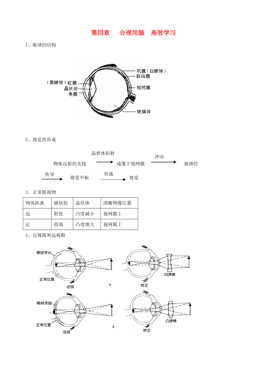 七年級生物下冊 第四章《合理用腦 高效學(xué)習(xí)》復(fù)習(xí)提綱 冀教版_第1頁