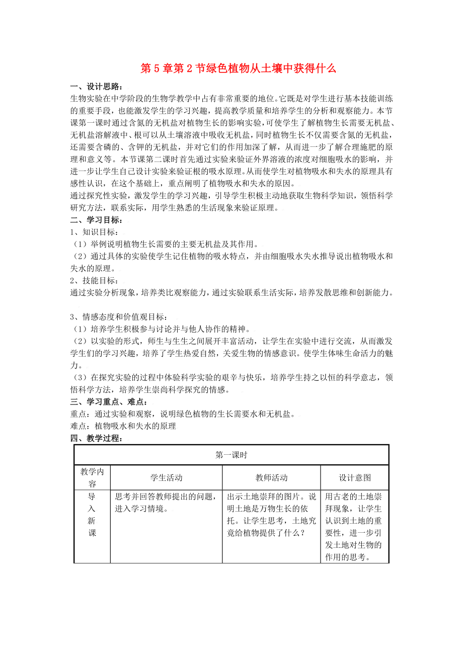 七年級(jí)生物上：第5章第2節(jié) 綠色植物從土壤中獲得什么 教案蘇科版_第1頁(yè)