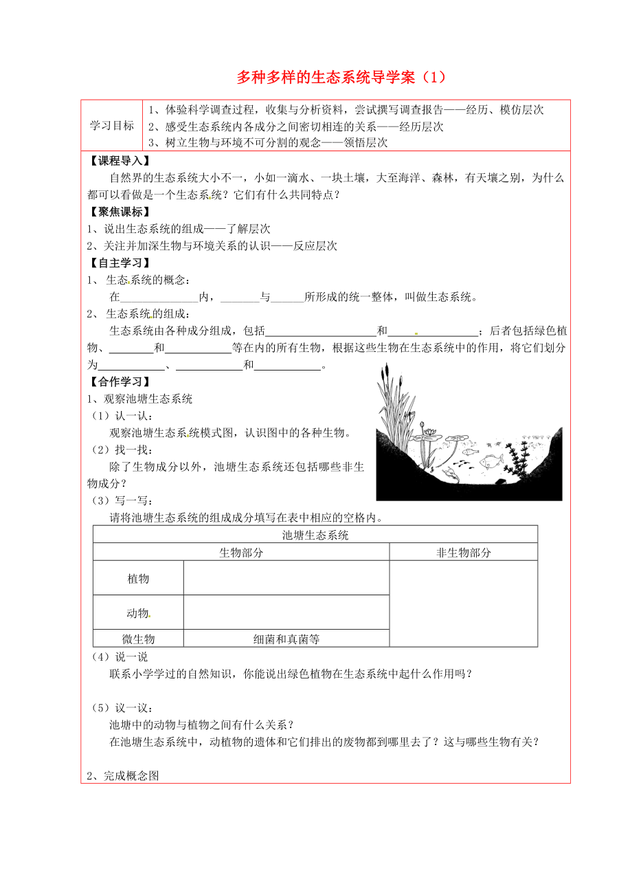 陜西省延川縣第二中學(xué)七年級(jí)生物上冊(cè) 多種多樣的生態(tài)系統(tǒng)導(dǎo)學(xué)案（1）（無答案） 蘇科版_第1頁