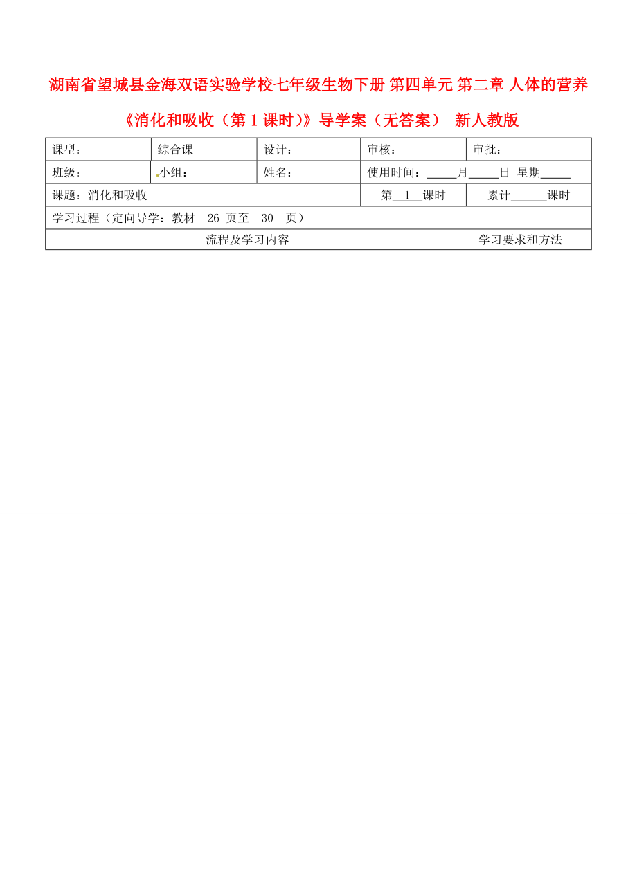 湖南省望城縣金海雙語實驗學(xué)校七年級生物下冊 第四單元 第二章 人體的營養(yǎng)《消化和吸收（第1課時）》導(dǎo)學(xué)案（無答案） 新人教版_第1頁