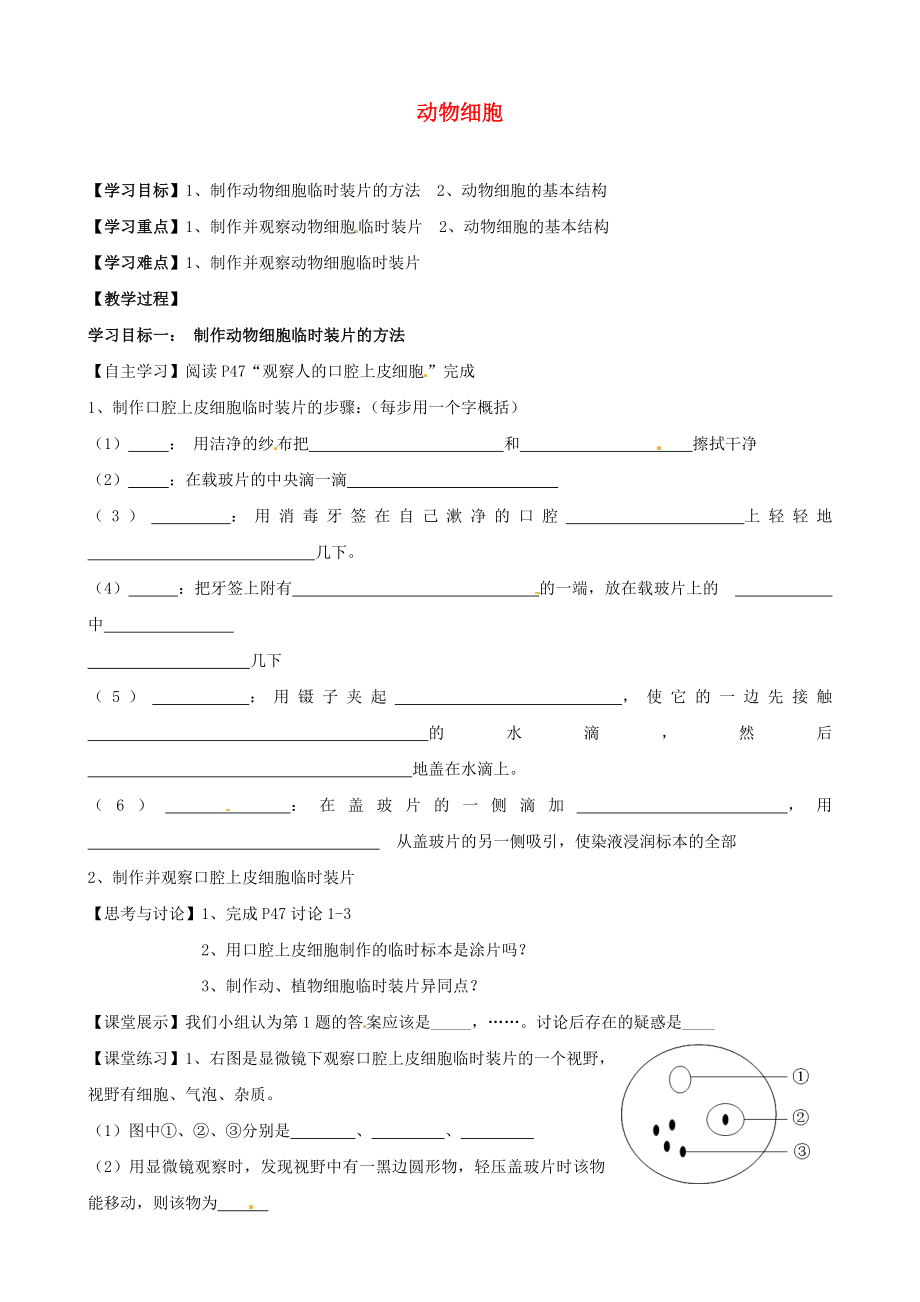 湖北省襄陽四十七中七年級生物上冊 動物細胞學案（無答案） 新人教版_第1頁