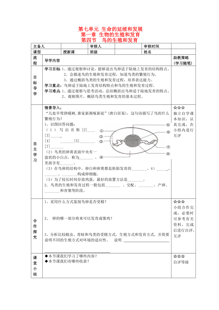 湖北省大冶市還地橋鎮(zhèn)八年級(jí)生物下冊(cè) 第四節(jié) 鳥的生殖和發(fā)育學(xué)案（無答案） 新人教版_第1頁