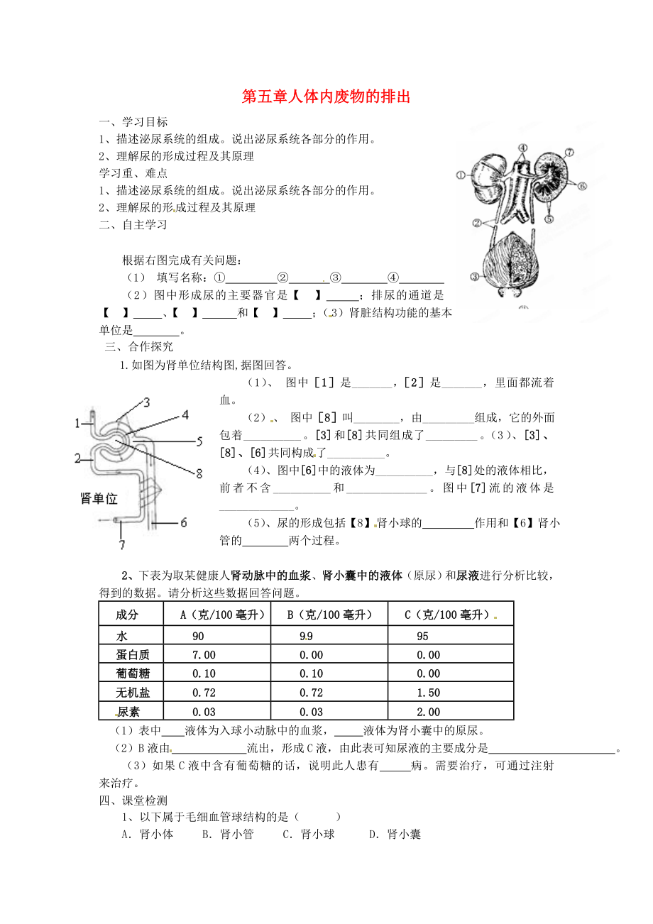 云南省鹽津縣豆沙中學(xué)七年級生物下冊《第四單元 第五章 人體內(nèi)廢物的排出》學(xué)案2（無答案） 新人教版_第1頁