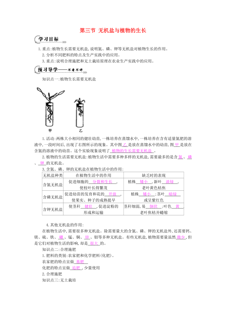 八年級生物上冊 第三單元 第二章 第三節(jié)《無機鹽與植物的生長》導學案 （新版）冀教版_第1頁