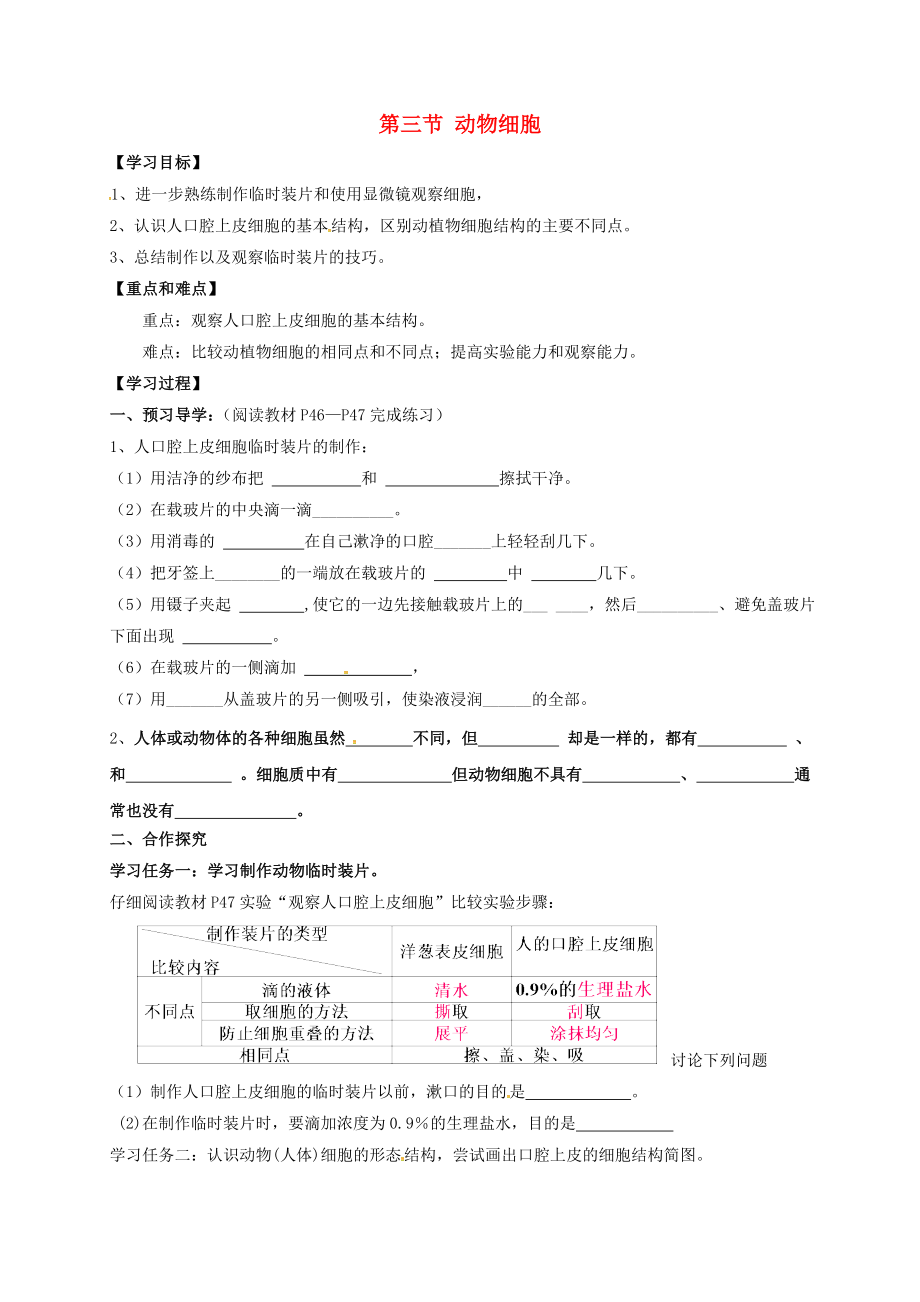 廣西桂林市雁山中學(xué)七年級生物上冊 第2單元 第1章 第3節(jié) 動物細胞導(dǎo)學(xué)案（無答案）（新版）新人教版_第1頁