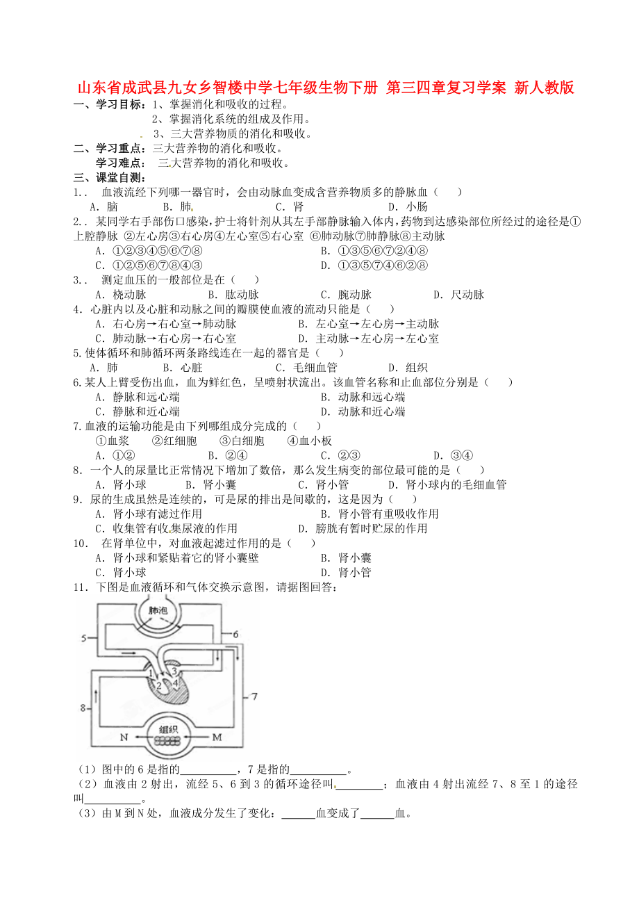 山東省成武縣九女鄉(xiāng)智樓中學(xué)七年級生物下冊 第三四章復(fù)習(xí)學(xué)案（無答案） 新人教版_第1頁