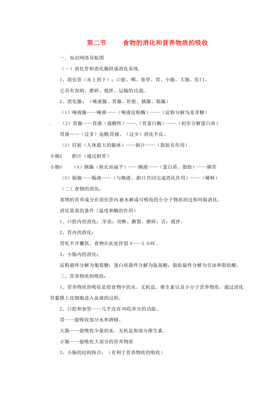 河南省虞城縣第一初級中學七年級生物下冊 第8章 第2節(jié) 食物的消化和營養(yǎng)物質(zhì)的吸收學案（無答案） 北師大版_第1頁