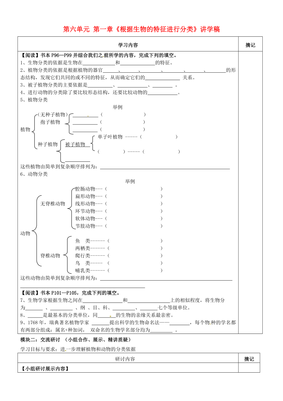 廣東省河源市中英文實驗學(xué)校八年級生物上冊 第六單元 第一章《根據(jù)生物的特征進(jìn)行分類》講學(xué)稿（無答案） 新人教版_第1頁