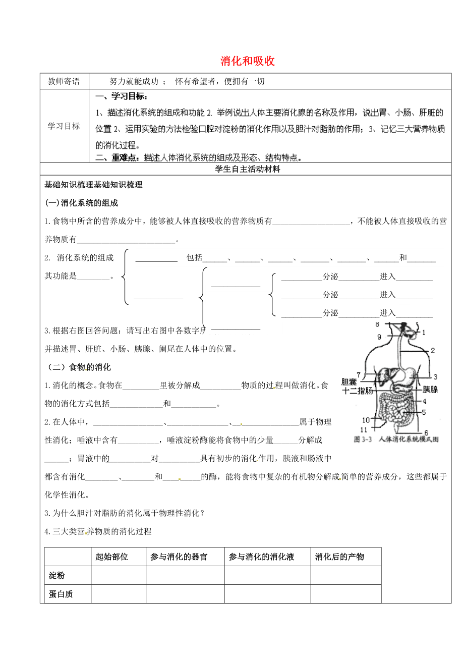 山東省廣饒縣丁莊鎮(zhèn)中心初級中學七年級生物下冊 第3單元 第1章 第2節(jié) 消化和吸收導學案（無答案） 濟南版_第1頁