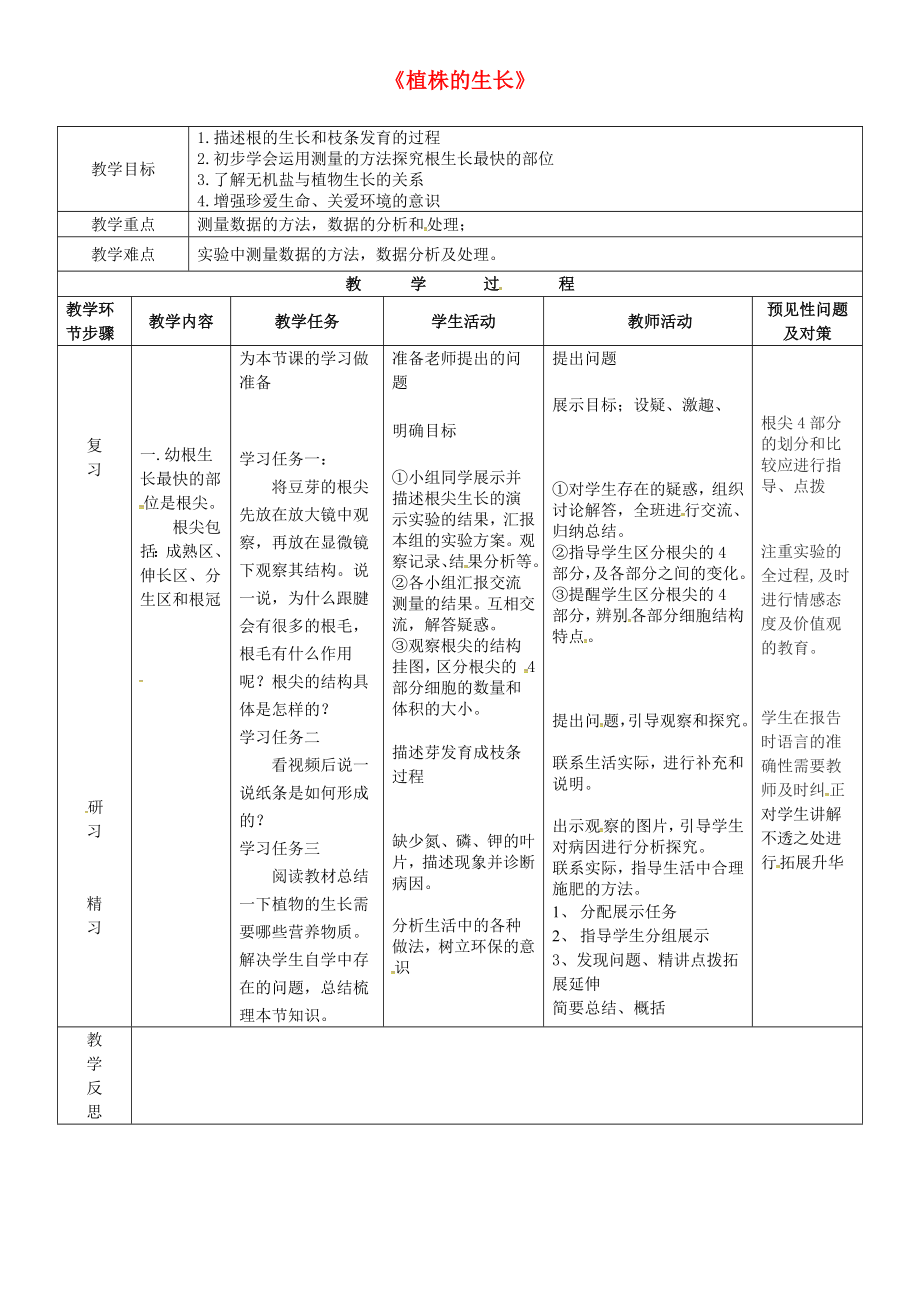 吉林省通化市七年級(jí)生物上冊(cè) 第3單元 第2章 第2節(jié) 植株的生長導(dǎo)學(xué)案（無答案）（新版）新人教版（通用）_第1頁