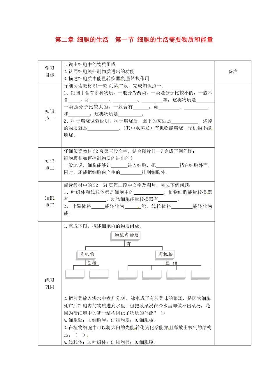 海南省海口市第十四中學(xué)七年級生物上冊 第二章 細(xì)胞的生活 第一節(jié) 細(xì)胞的生活需要物質(zhì)和能量導(dǎo)學(xué)案（無答案） 新人教版（通用）_第1頁