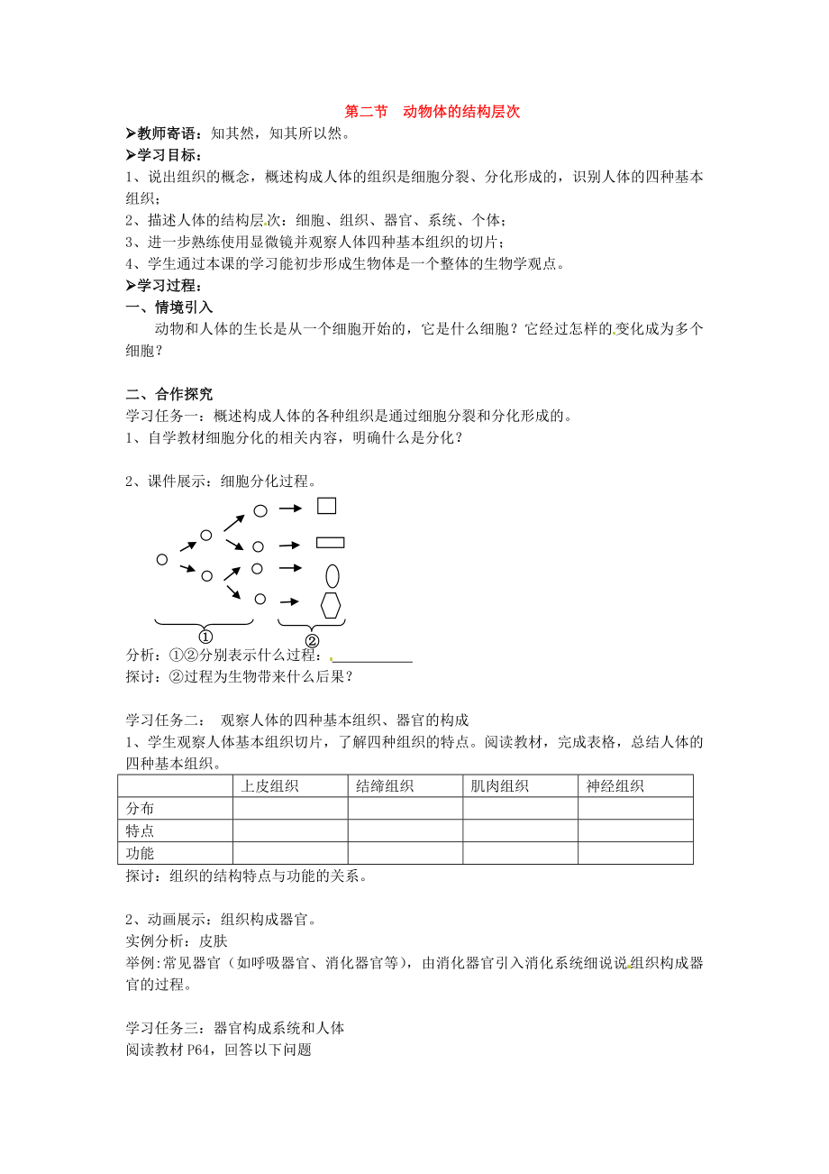 河北省圍場(chǎng)滿族蒙古族自治縣半截塔鎮(zhèn)中學(xué)七年級(jí)生物上冊(cè) 第二單元 第二章 第二節(jié) 動(dòng)物體的結(jié)構(gòu)層次導(dǎo)學(xué)案（無(wú)答案）（新版）新人教版_第1頁(yè)