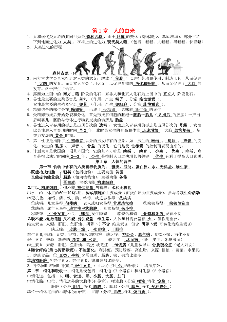 吉林省通化市外國語中學七年級生物下冊 第四單元 第一章 人的由來復習提綱 新人教版_第1頁