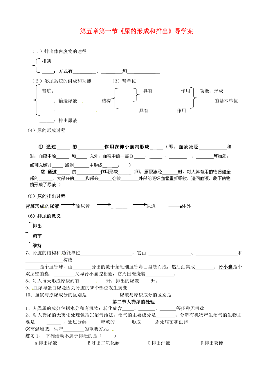 山東省淄博市沂源縣中莊鄉(xiāng)中學(xué)八年級生物上冊 第五章 第一節(jié)《尿的形成和排出》導(dǎo)學(xué)案（無答案） 魯科版_第1頁