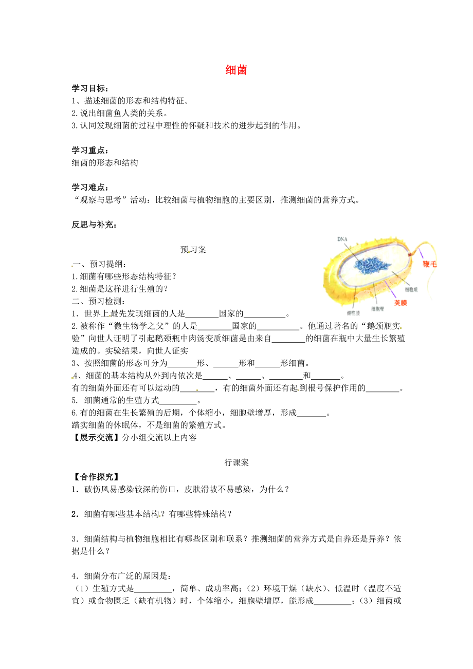 海南省海口市第十四中学八年级生物上册 5.4.2 细菌导学案（无答案）（新版）新人教版_第1页