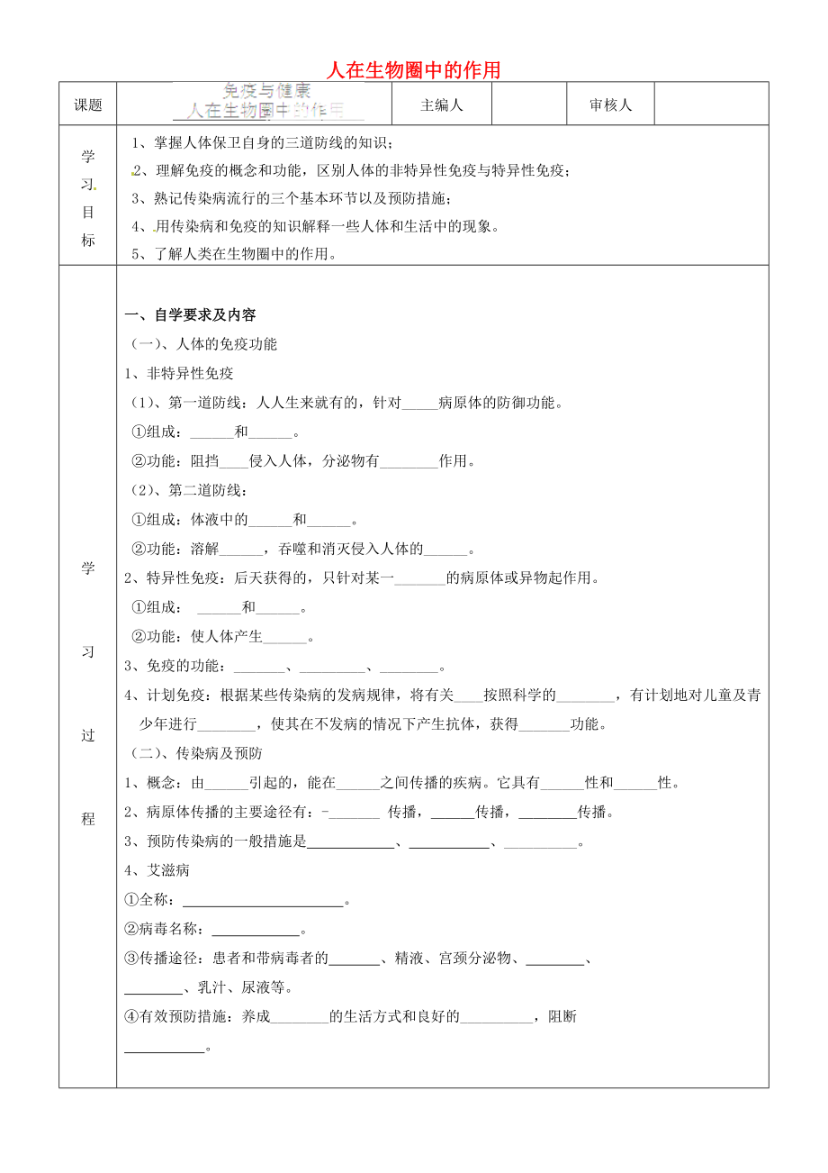 山東省德州臨邑光明月潭學校中考生物 免疫與健康 人在生物圈中的作用學案（無答案）_第1頁