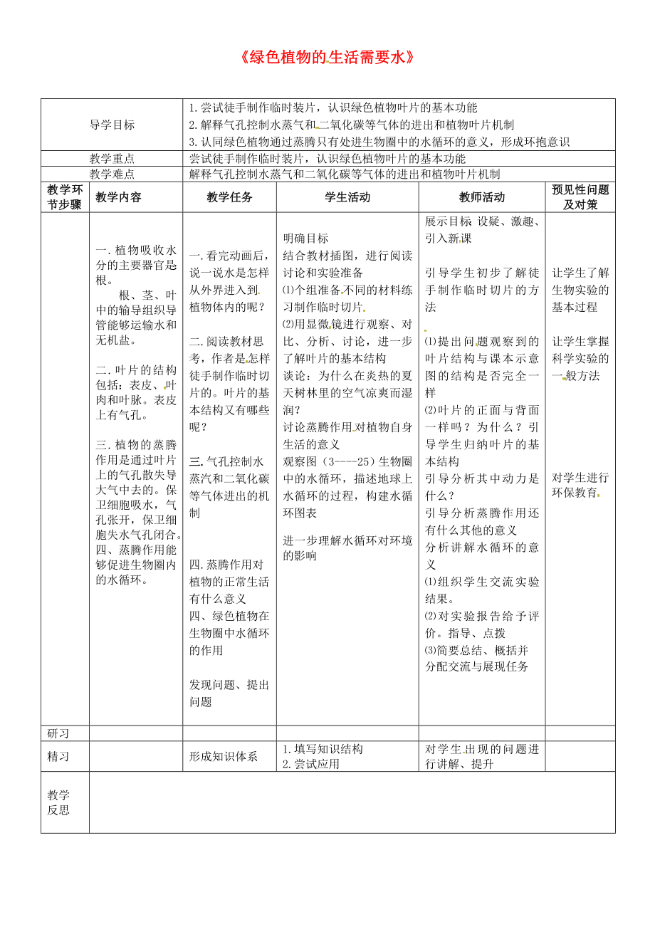 吉林省通化市七年級生物上冊 第3單元 第3章 第1節(jié) 綠色植物的生活需要水導學案（無答案）（新版）新人教版（通用）_第1頁