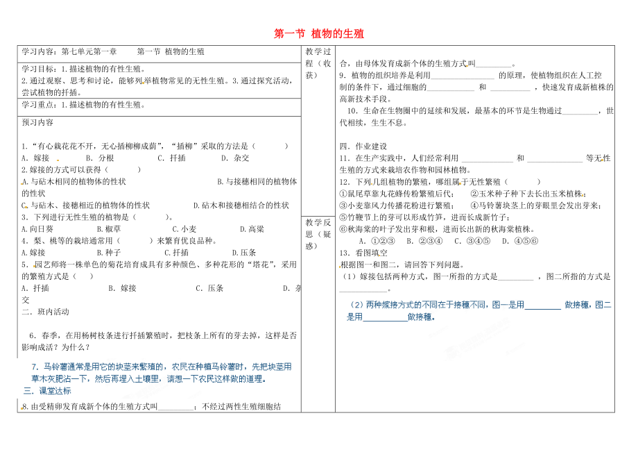 山西省靈石縣兩渡鎮(zhèn)初級中學校八年級生物下冊 第七單元 第一章 第一節(jié) 植物的生殖學案（無答案） 濟南版_第1頁