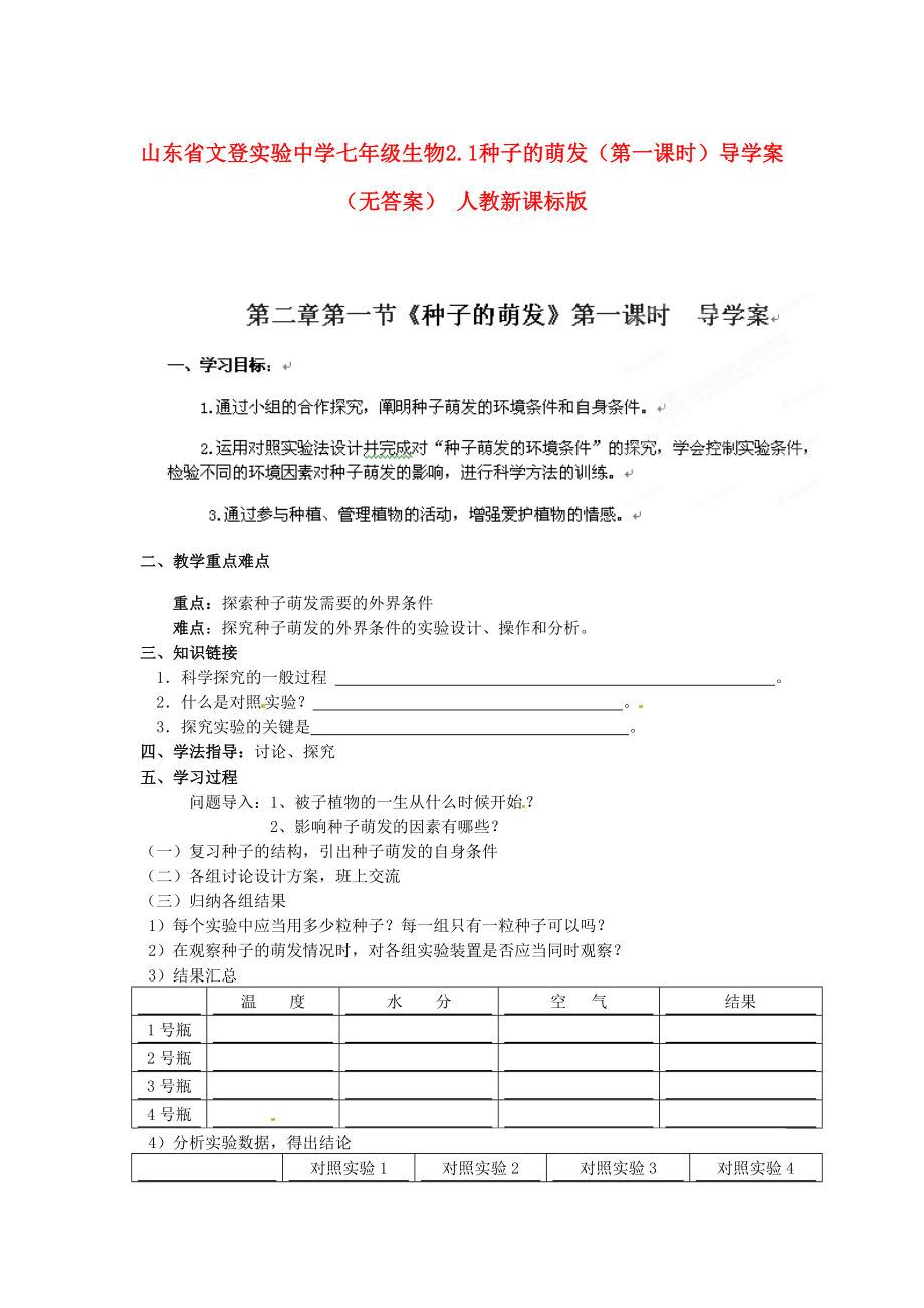 山東省文登實(shí)驗(yàn)中學(xué)七年級(jí)生物 2.1 種子的萌發(fā)（第一課時(shí)）導(dǎo)學(xué)案（無(wú)答案） 人教新課標(biāo)版_第1頁(yè)