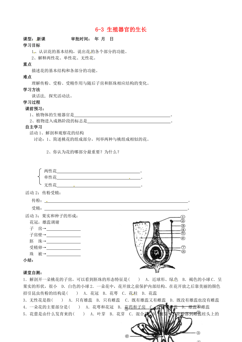 重慶市萬(wàn)州區(qū)塘坊初級(jí)中學(xué)七年級(jí)生物上冊(cè) 第六章 綠色開花植物的生活史 6-3 生殖器官的生長(zhǎng)導(dǎo)學(xué)案（無(wú)答案） 北師大版_第1頁(yè)