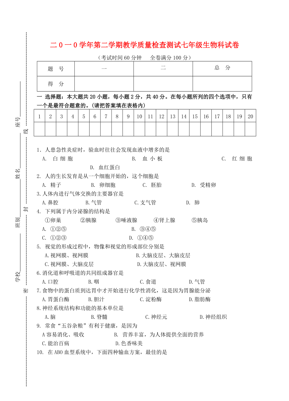 七年級生物下學期期末試題 蘇教版（通用）_第1頁