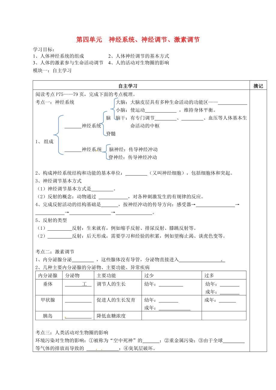 廣東省河源中國教育學會中英文實驗學校七年級生物下冊 神經(jīng)系統(tǒng)、神經(jīng)調(diào)節(jié)、激素調(diào)節(jié)講學稿（無答案）（新版）新人教版_第1頁