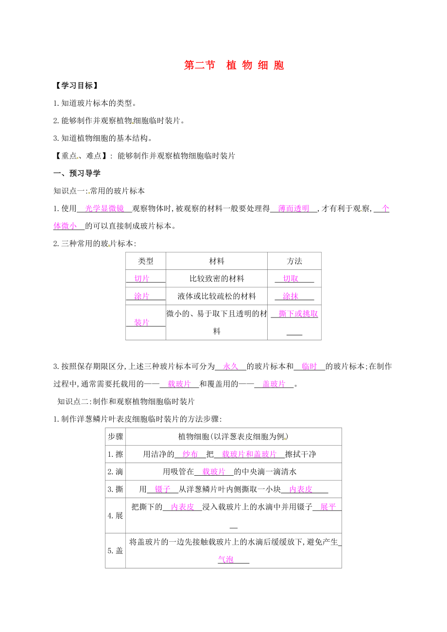 廣西桂林市雁山中學七年級生物上冊 第2單元 第1章 第2節(jié) 植物細胞導學案2（無答案）（新版）新人教版_第1頁