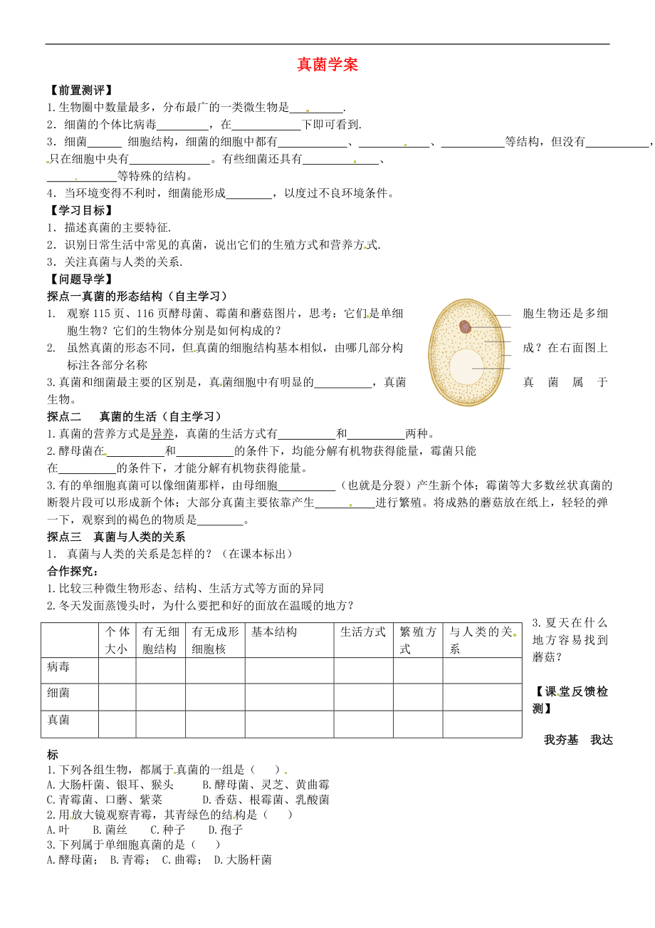 山東省高密市銀鷹文昌中學(xué)八年級(jí)生物上冊(cè) 真菌學(xué)案（無答案） 濟(jì)南版_第1頁