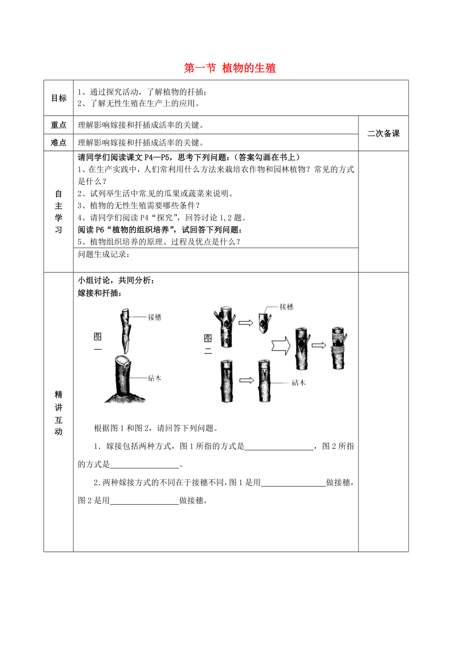 陜西省西安交大陽(yáng)光中學(xué)八年級(jí)生物下冊(cè) 第七單元 第一章 第一節(jié) 植物的生殖學(xué)案1（無(wú)答案） 新人教版_第1頁(yè)