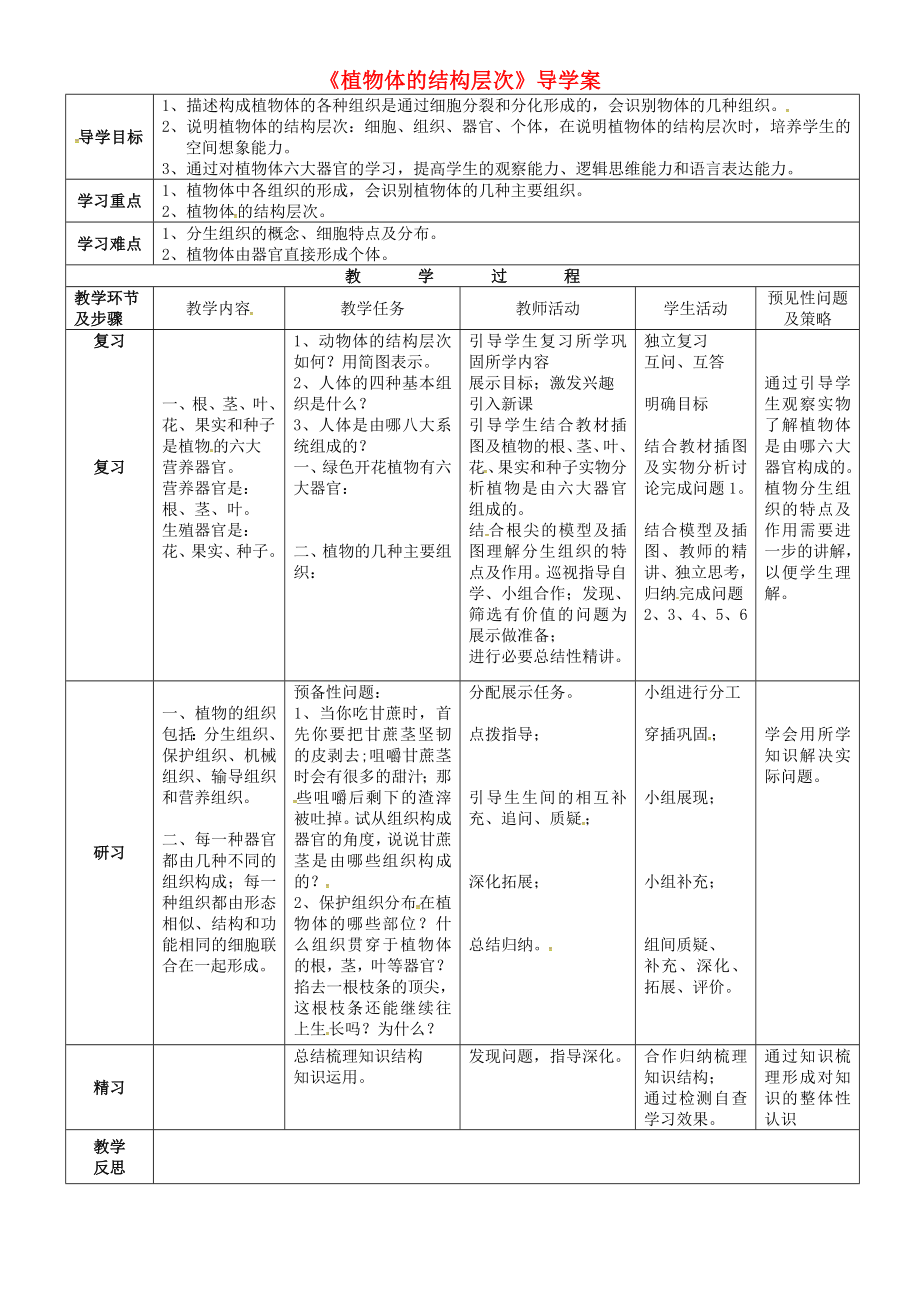 吉林省通化市七年級(jí)生物上冊(cè) 第2單元 第2章 第3節(jié) 植物體的結(jié)構(gòu)層次導(dǎo)學(xué)案（無(wú)答案）（新版）新人教版（通用）_第1頁(yè)