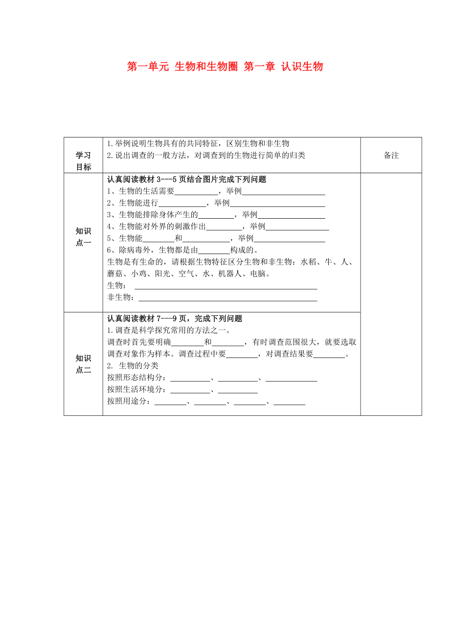 海南省?？谑械谑闹袑W(xué)七年級(jí)生物上冊(cè) 第一單元 生物和生物圈 第一章 認(rèn)識(shí)生物導(dǎo)學(xué)案（無答案） 新人教版_第1頁(yè)