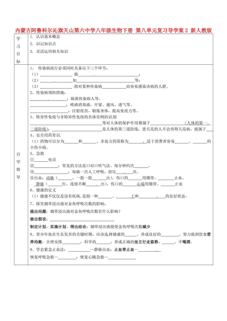 內(nèi)蒙古阿魯科爾沁旗天山第六中學(xué)八年級(jí)生物下冊(cè) 第八單元復(fù)習(xí)導(dǎo)學(xué)案2（無答案） 新人教版_第1頁