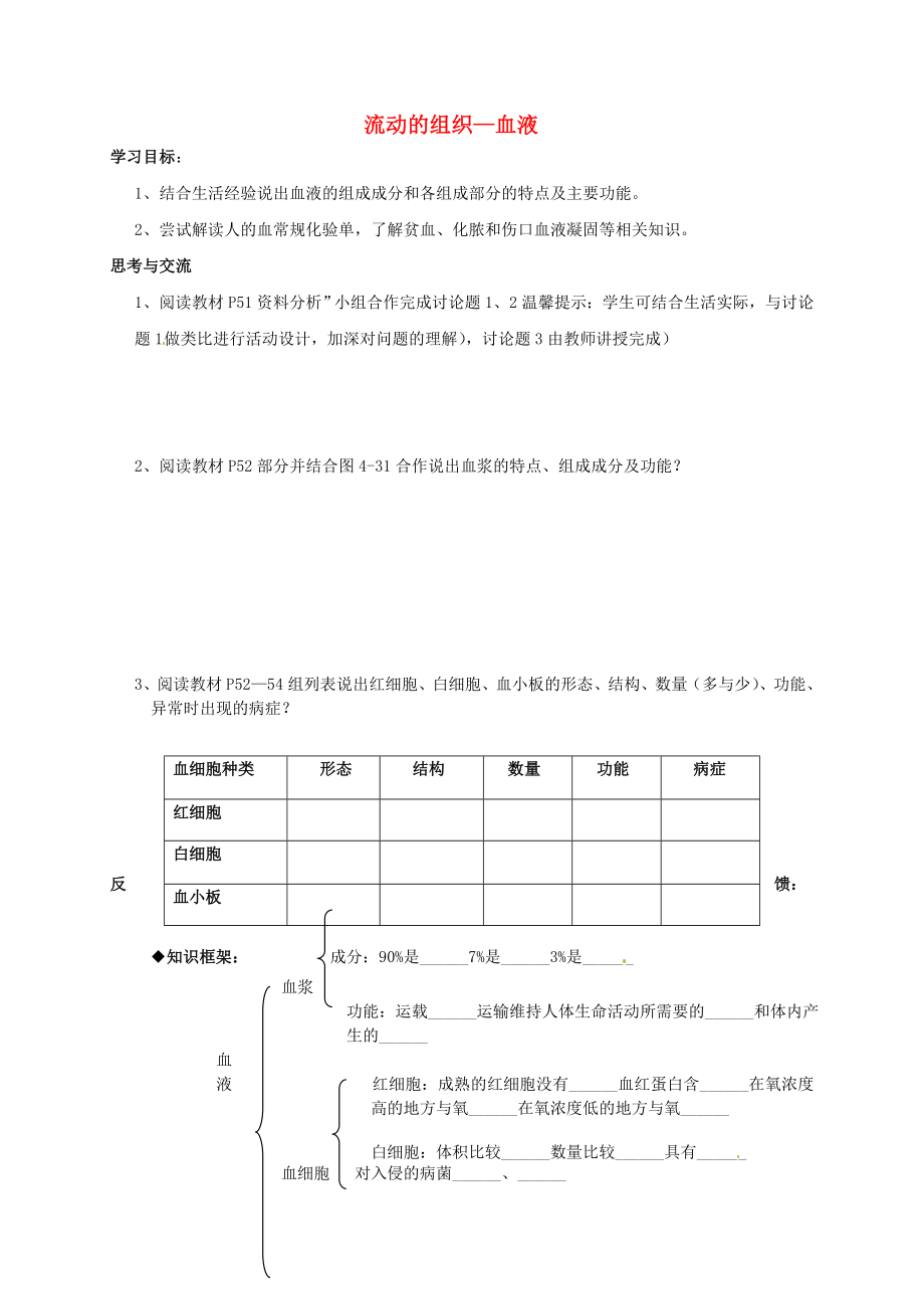 吉林省通化市外國(guó)語中學(xué)七年級(jí)生物下冊(cè) 第四單元 第四章 第一節(jié) 流動(dòng)的組織血液學(xué)案（無答案） 新人教版_第1頁