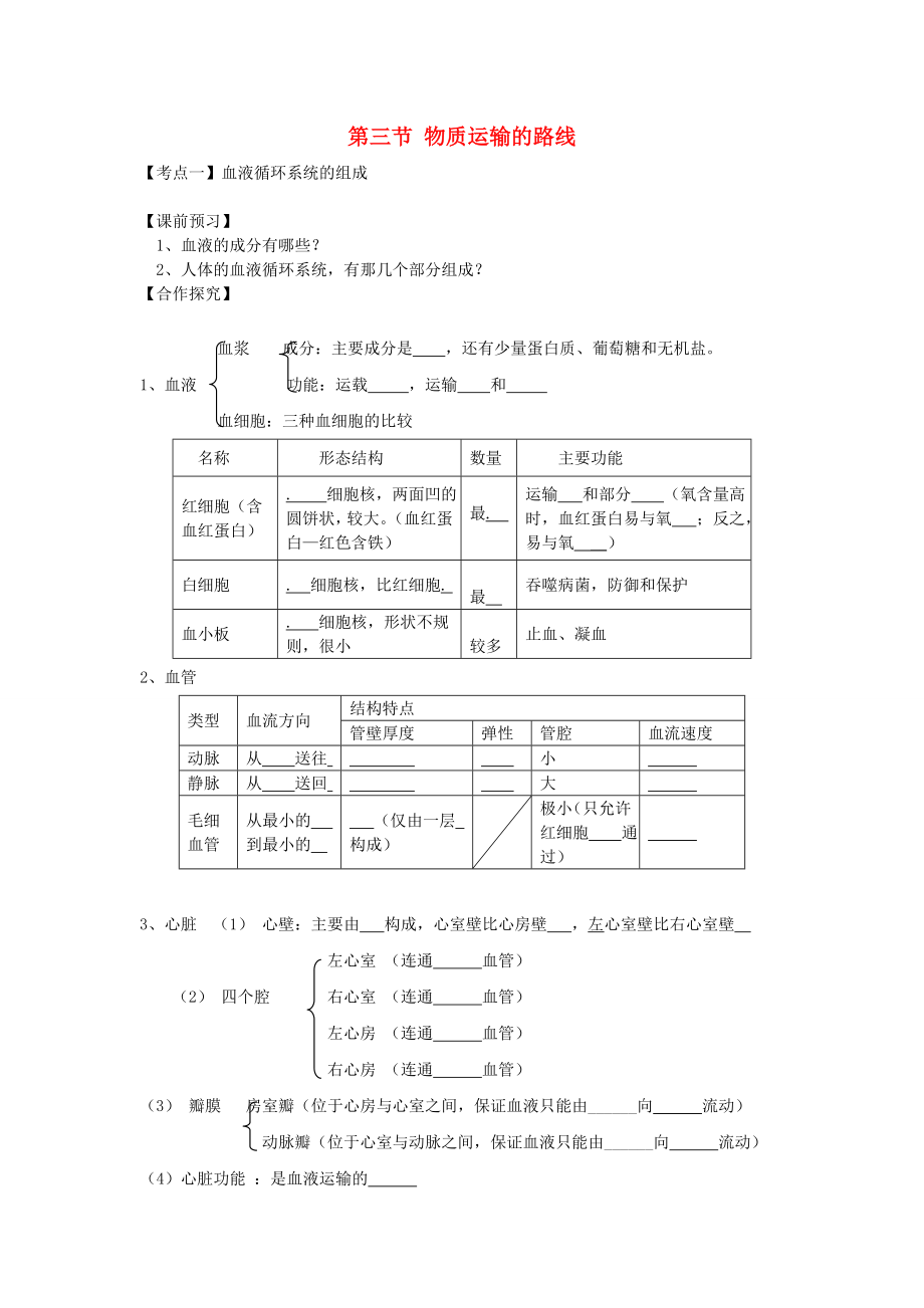 重庆市江津五中七年级生物下册 第二章 爱护心脏 确保运输 第三节 物质运输的路线学案_第1页